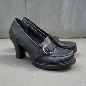 Y2K Vintage Mudd Heeled Loafers Shoes Platform Chunky Buckle Black 7